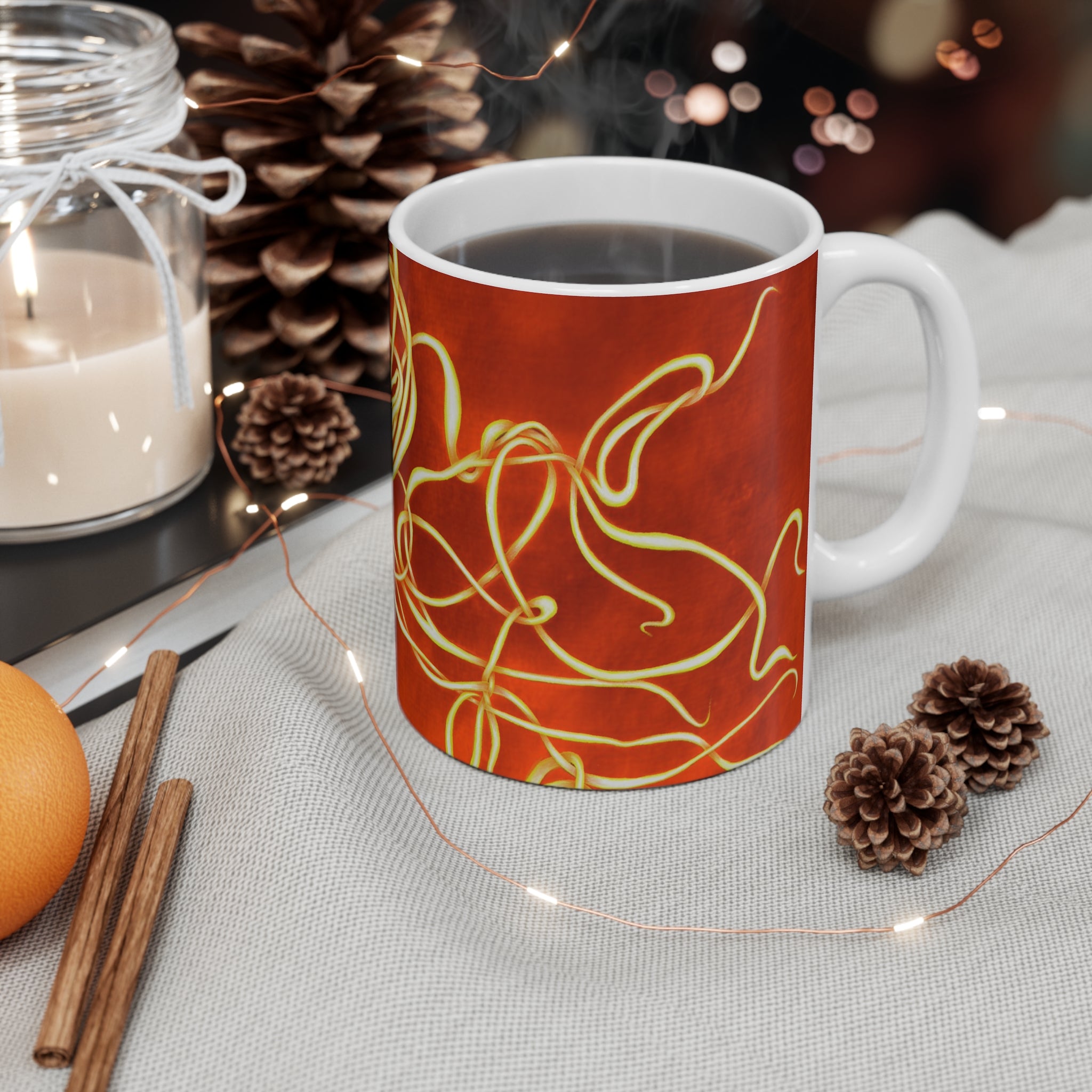 TiHi Original “Abstract Flameflower” Art Mug — Fiery Red Floral Ceramic Coffee Cup