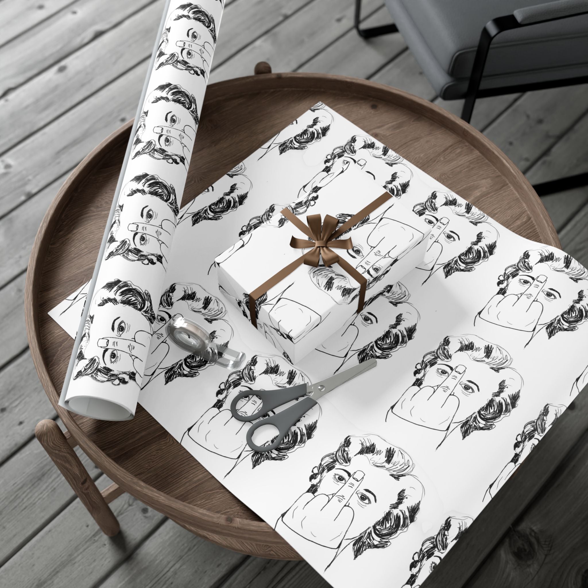 TiHi Original Illustration Gift Wrap Paper — Retro Monochrome Face Pattern (Hand Gesture Design)