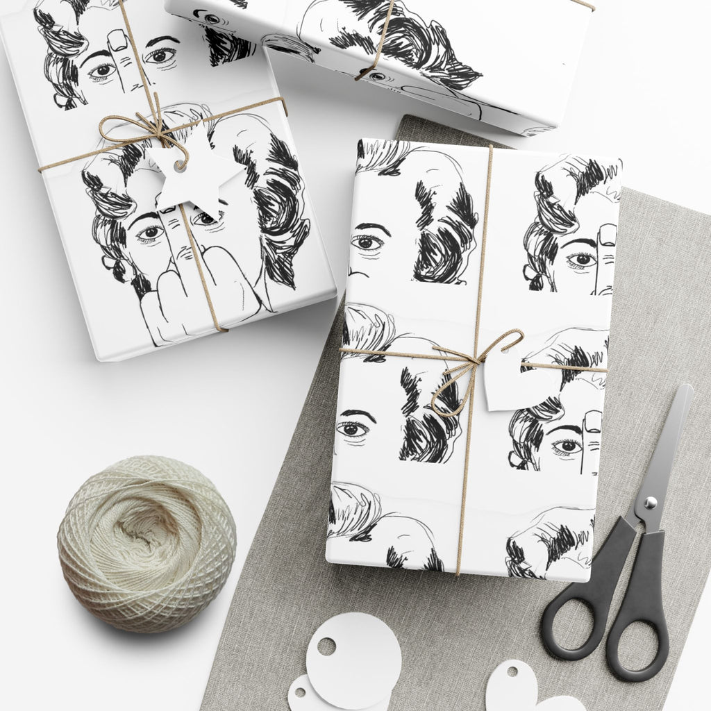 TiHi Original Illustration Gift Wrap Paper — Retro Monochrome Face Pattern (Hand Gesture Design)