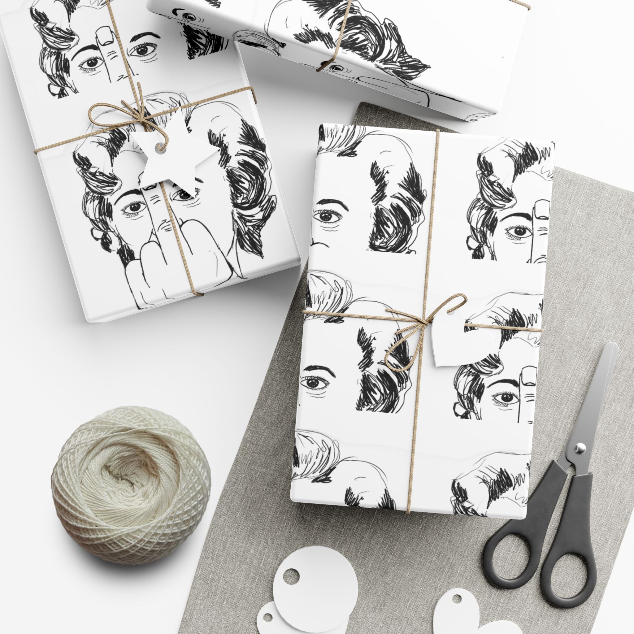 TiHi Original Illustration Gift Wrap Paper — Retro Monochrome Face Pattern (Hand Gesture Design)