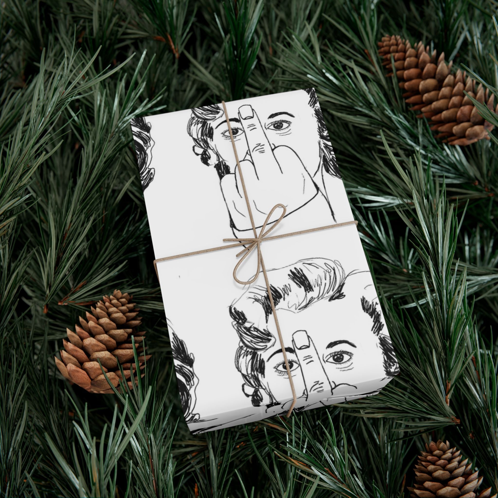 TiHi Original Illustration Gift Wrap Paper — Retro Monochrome Face Pattern (Hand Gesture Design)