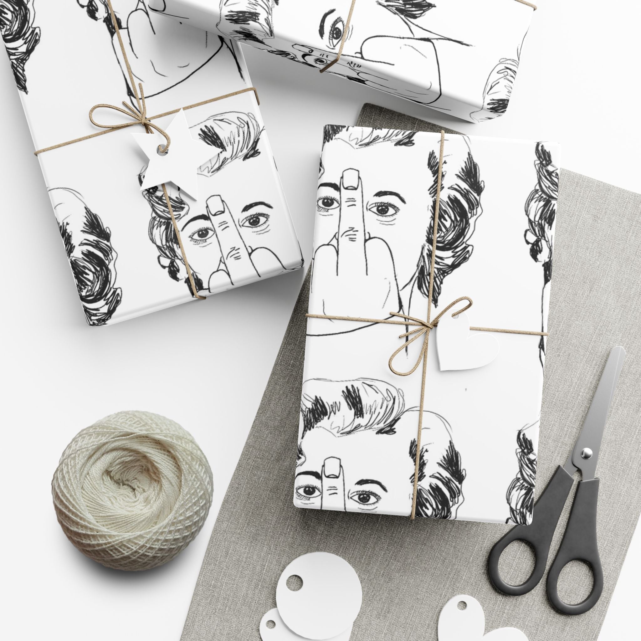 TiHi Original Illustration Gift Wrap Paper — Retro Monochrome Face Pattern (Hand Gesture Design)