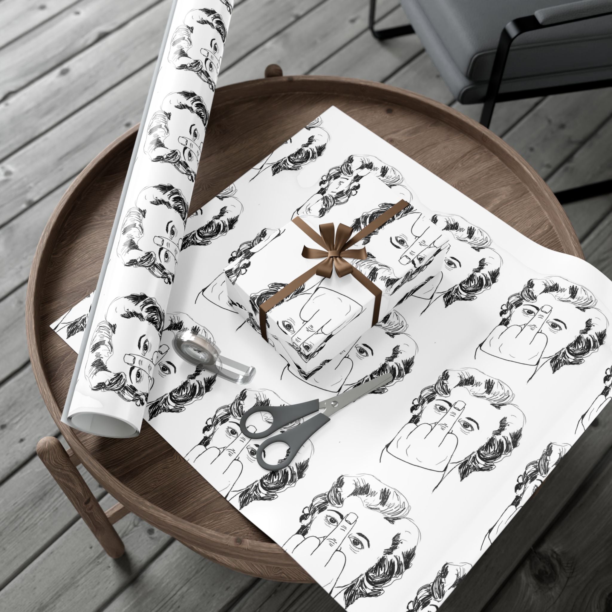 TiHi Original Illustration Gift Wrap Paper — Retro Monochrome Face Pattern (Hand Gesture Design)