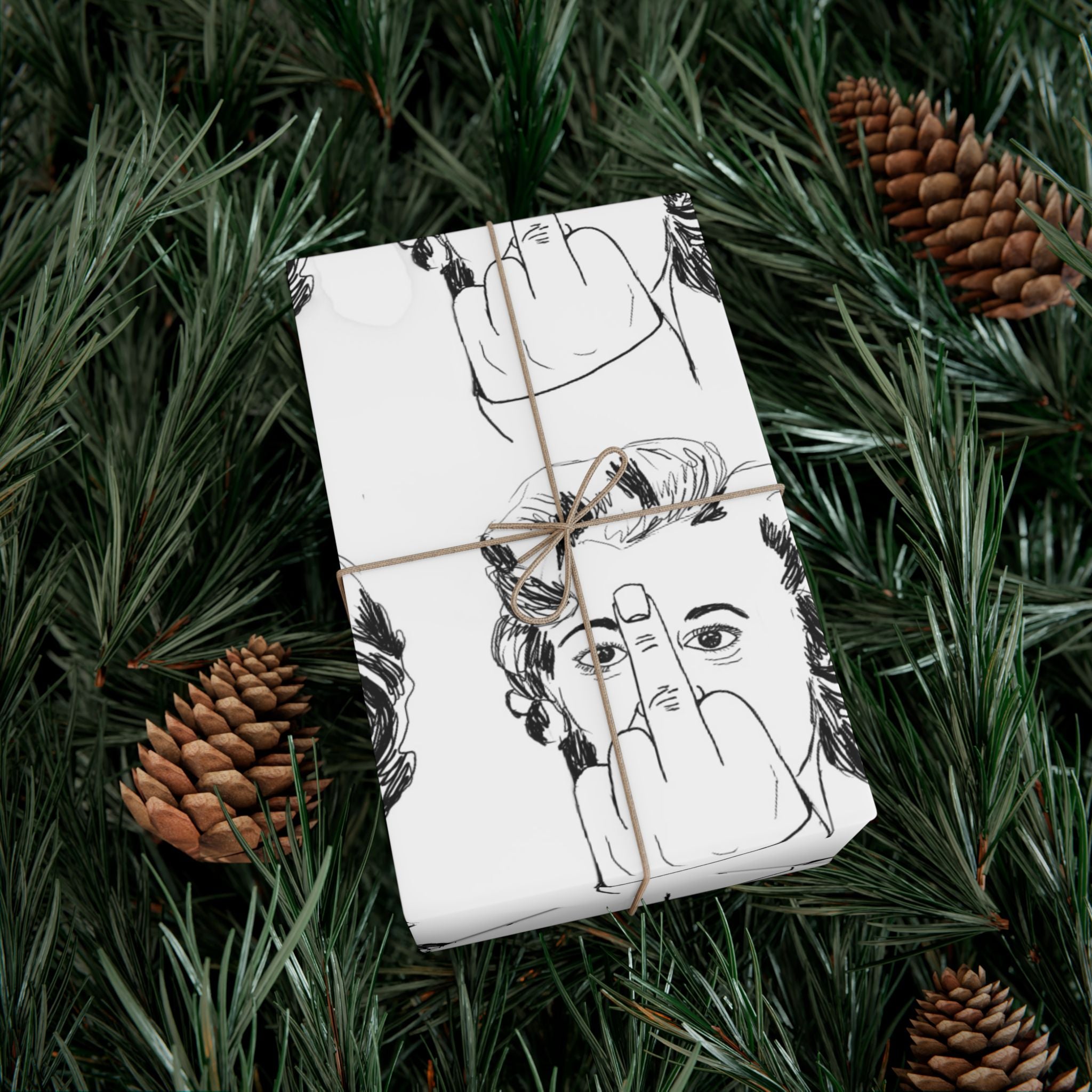TiHi Original Illustration Gift Wrap Paper — Retro Monochrome Face Pattern (Hand Gesture Design)