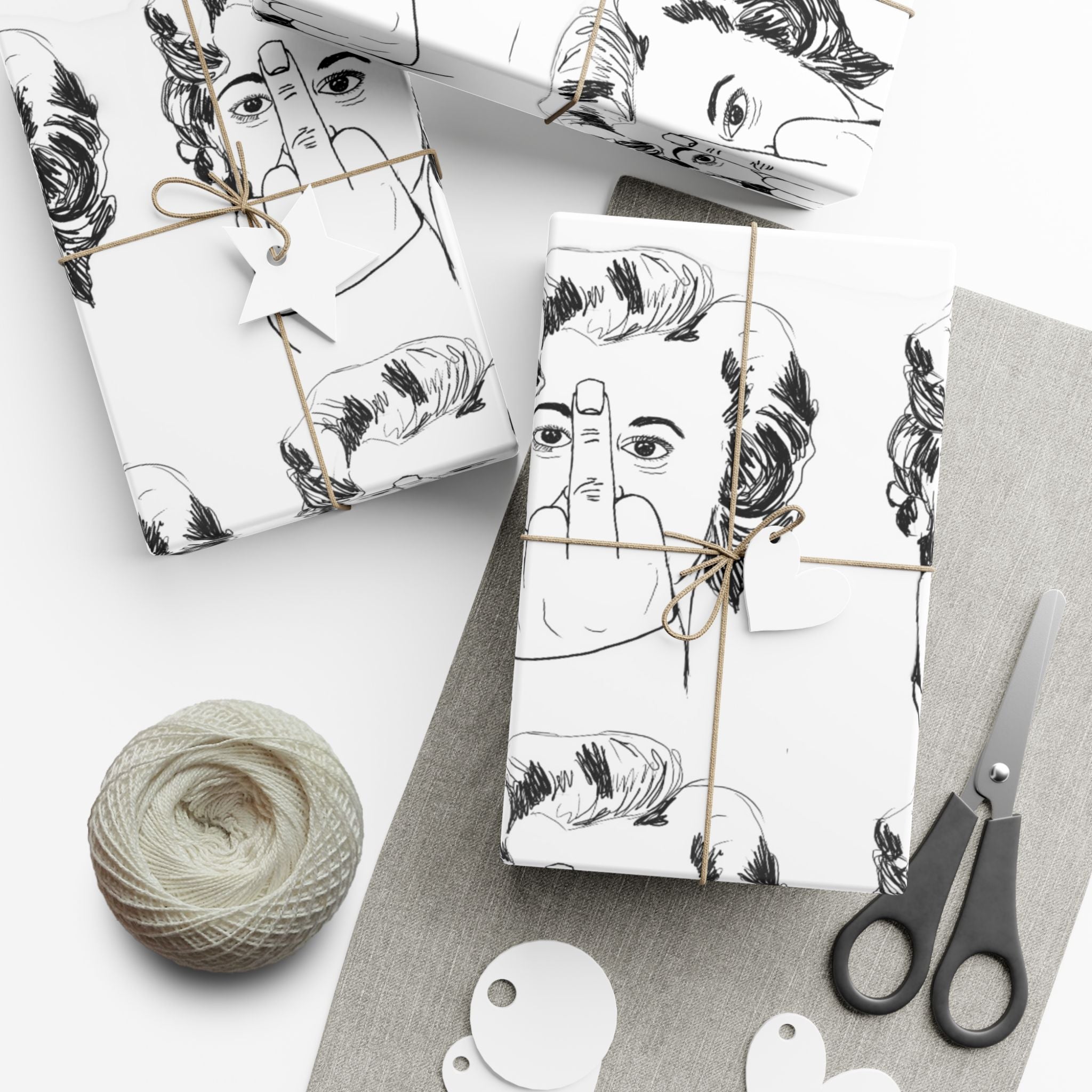 TiHi Original Illustration Gift Wrap Paper — Retro Monochrome Face Pattern (Hand Gesture Design)