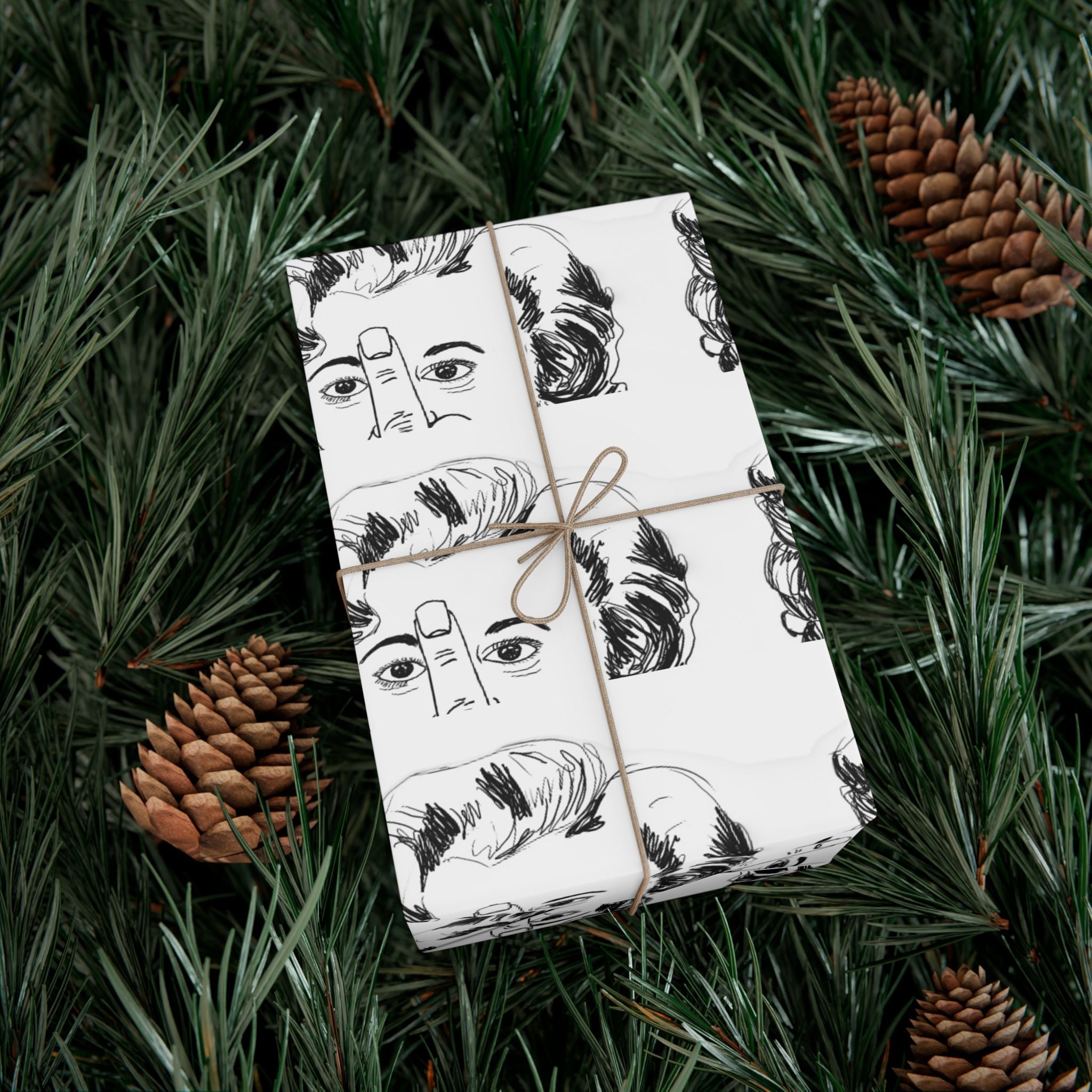 TiHi Original Illustration Gift Wrap Paper — Retro Monochrome Face Pattern (Hand Gesture Design)