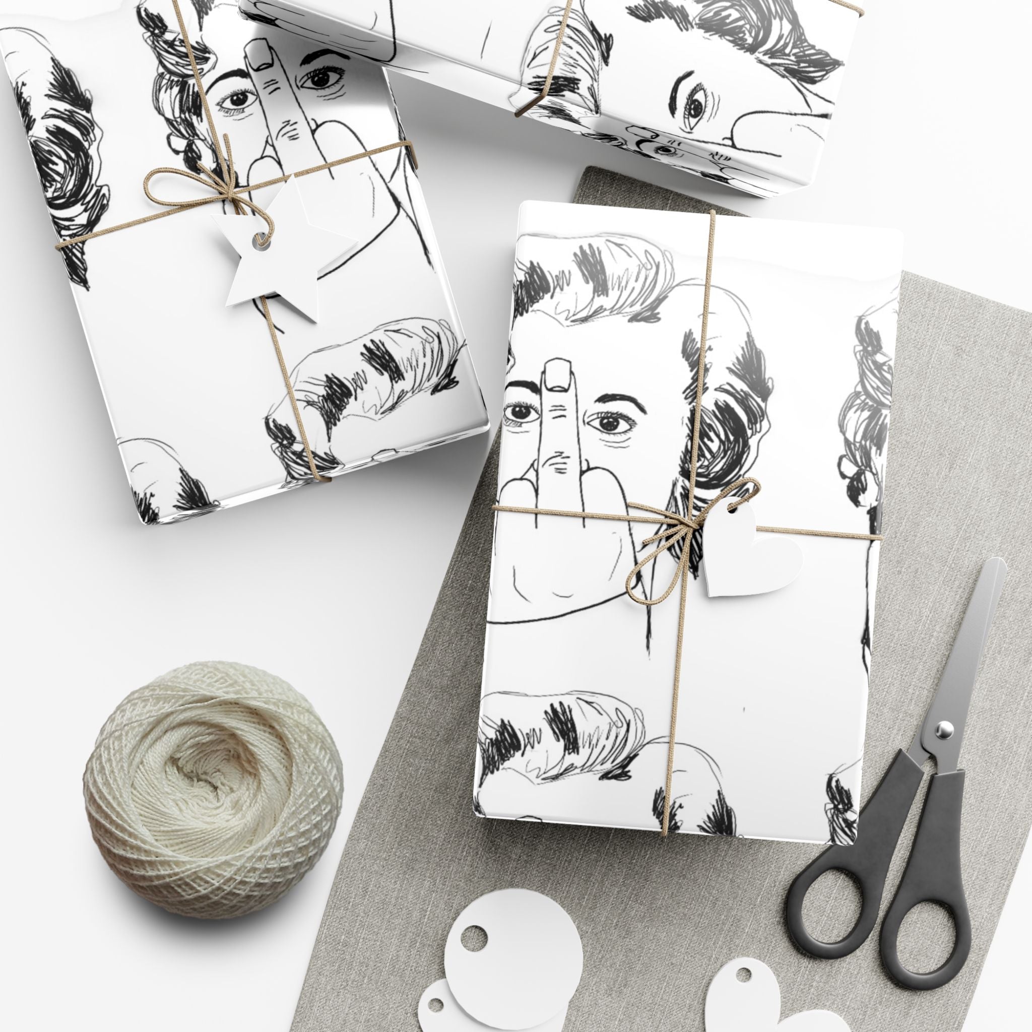 TiHi Original Illustration Gift Wrap Paper — Retro Monochrome Face Pattern (Hand Gesture Design)