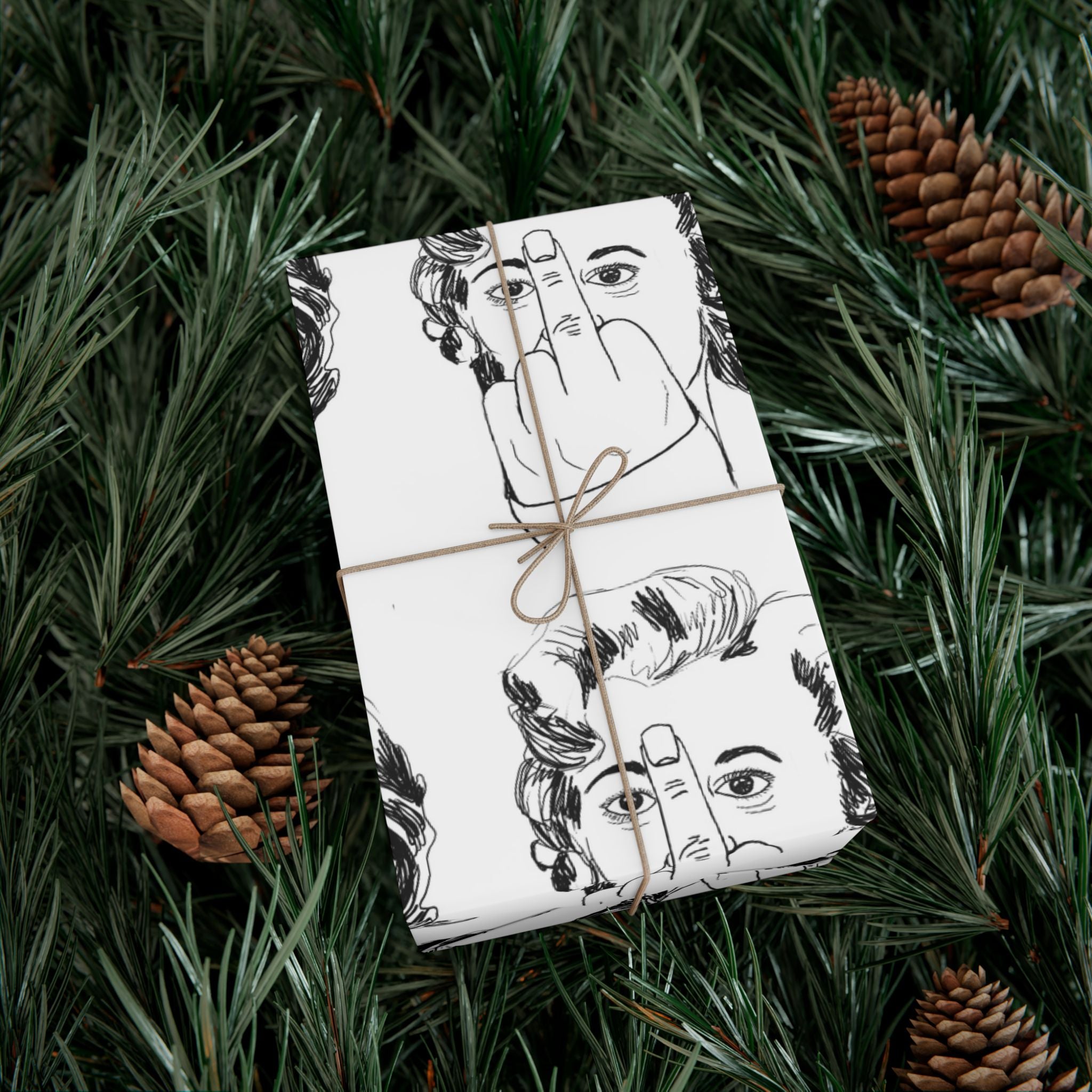 TiHi Original Illustration Gift Wrap Paper — Retro Monochrome Face Pattern (Hand Gesture Design)