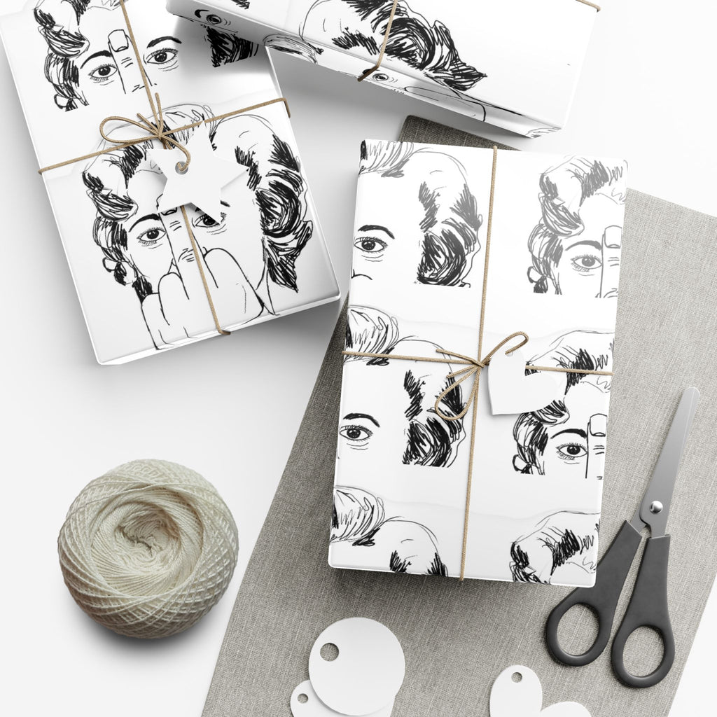 TiHi Original Illustration Gift Wrap Paper — Retro Monochrome Face Pattern (Hand Gesture Design)